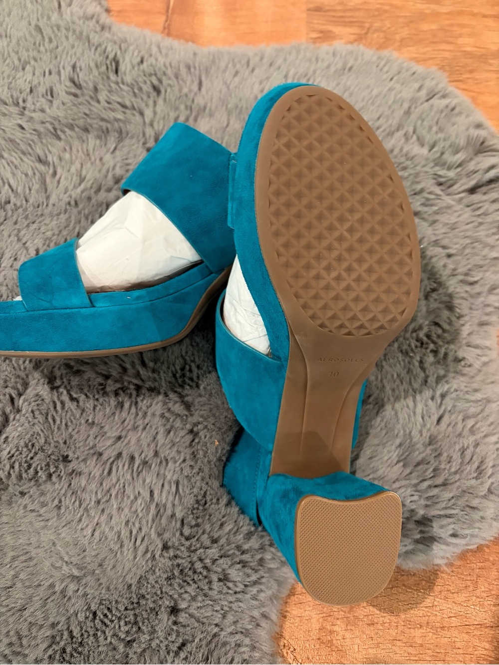 AEROSOLES Teal Suede Platform Block Heel Sandals - Picture 3 of 4